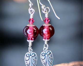 Lampwork Bead Earrings, Lampwork Jewelry, Handmade Fuchsia Pink Beads, Sterling Silver, Heart Charms,