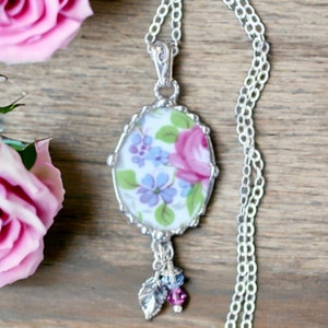 Necklace, Broken China Jewelry, Broken China Necklace, Pink Rose and Lavender, Oval Pendant, Sterling Silver, Soldered Jewelry image 6