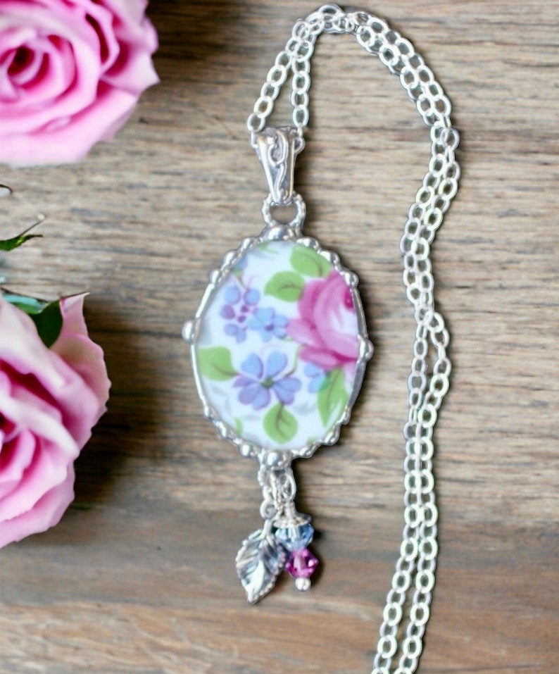 Necklace, Broken China Jewelry, Broken China Necklace, Pink Rose and Lavender, Oval Pendant, Sterling Silver, Soldered Jewelry image 6