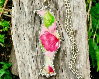 Necklace, Broken China Jewelry, Broken China Necklace, Bird Pendant, Tropical Pink Floral, Soldered Jewelry, Boho, Sterling Silver Chain