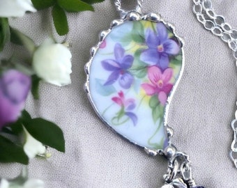 Necklace, Broken China Jewelry, Broken China Necklace, Pink and Purple Violets, Paisley Pendant, Sterling Silver, Soldered Jewelry