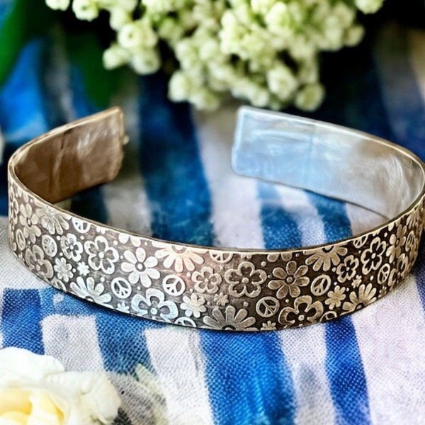 Embossed Sterling Silver Cuff Bracelet, Flower Pattern Bangle