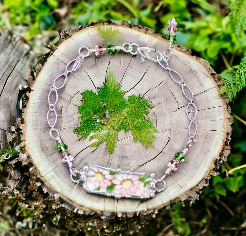 Broken China Bracelet, Broken China Jewelry, Peachy Pink Flowers, Sterling Silver Chain, Soldered Jewelry image 4