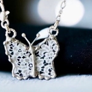 Necklace, Broken China Jewelry, Butterfly Necklace, Black Chintz China, Black and Beige, Sterling Silver Chain, Soldered Jewelry