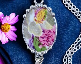 Necklace, Broken China Jewelry, Broken China Necklace, Pink and Purple Floral China, Oval Pendant, Sterling Silver, Soldered Jewelry