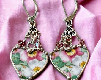 Earrings, Broken China Jewelry, Broken China Earrings, Pink and Green Apple Blossom China, Sterling Sliver, Soldered Jewelry, Dangle Earring