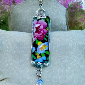 Necklace, Broken China Jewelry, Broken China Necklace, Rectangle Pendant, Pink and Black Floral Chintz, Soldered Jewelry, Silver Findings