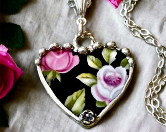 Necklace, Broken China Jewelry, Broken China Necklace, Heart Pendant, Black Chintz, Black and Pink Roses, Sterling Silver, Soldered Jewelry