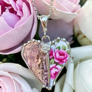 Halskette, Schmuck aus zerbrochenem Porzellan, Halskette aus zerbrochenem Porzellan, Patchwork-Herz, Porzellan mit rosa Rosenmotiv, Buntglas, Rosenanhänger aus Edelstahl, gelöteter Schmuck
