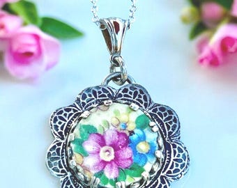 Sterling Silver Necklace, Broken China Jewelry, Broken China Necklace, Round Pendant, Pink and Blue Floral, Sterling Silver, Silver Lace