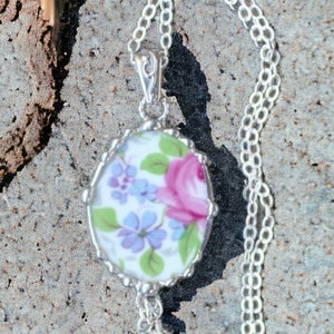 Necklace, Broken China Jewelry, Broken China Necklace, Pink Rose and Lavender, Oval Pendant, Sterling Silver, Soldered Jewelry image 2