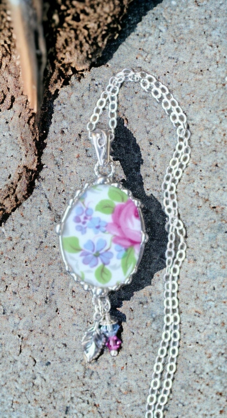 Necklace, Broken China Jewelry, Broken China Necklace, Pink Rose and Lavender, Oval Pendant, Sterling Silver, Soldered Jewelry image 2