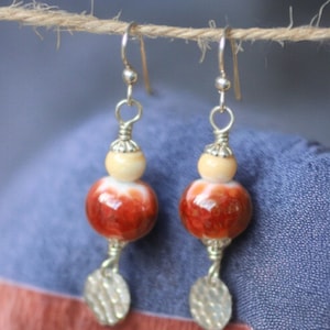 Lampwork Earrings, Lampwork Jewelry, Lampwork Bead Earrings, Burnt Orange and Ivory, Dangle Earrings, Sterling Silver Earrings, Handmade
