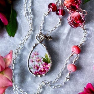 Necklace, Broken China Jewelry, Broken China Necklace, Teardrop Pendant, Peachy Pink Floral China, Sterling Silver Chain, Soldered Jewelry
