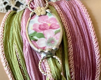 Broken China Bracelet, Broken China Jewelry, Pink Apple Blossom China, Silk Ribbon Wrap Bracelet, Boho Wrap Bracelet, Yoga, Soldered Jewelry