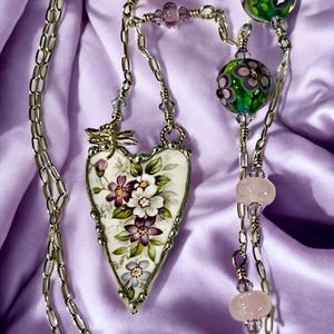 Necklace, Broken China Jewelry, Broken China Necklace, Heart Pendant, Purple Floral China, Long Sterling Silver Chain, Soldered Jewelry