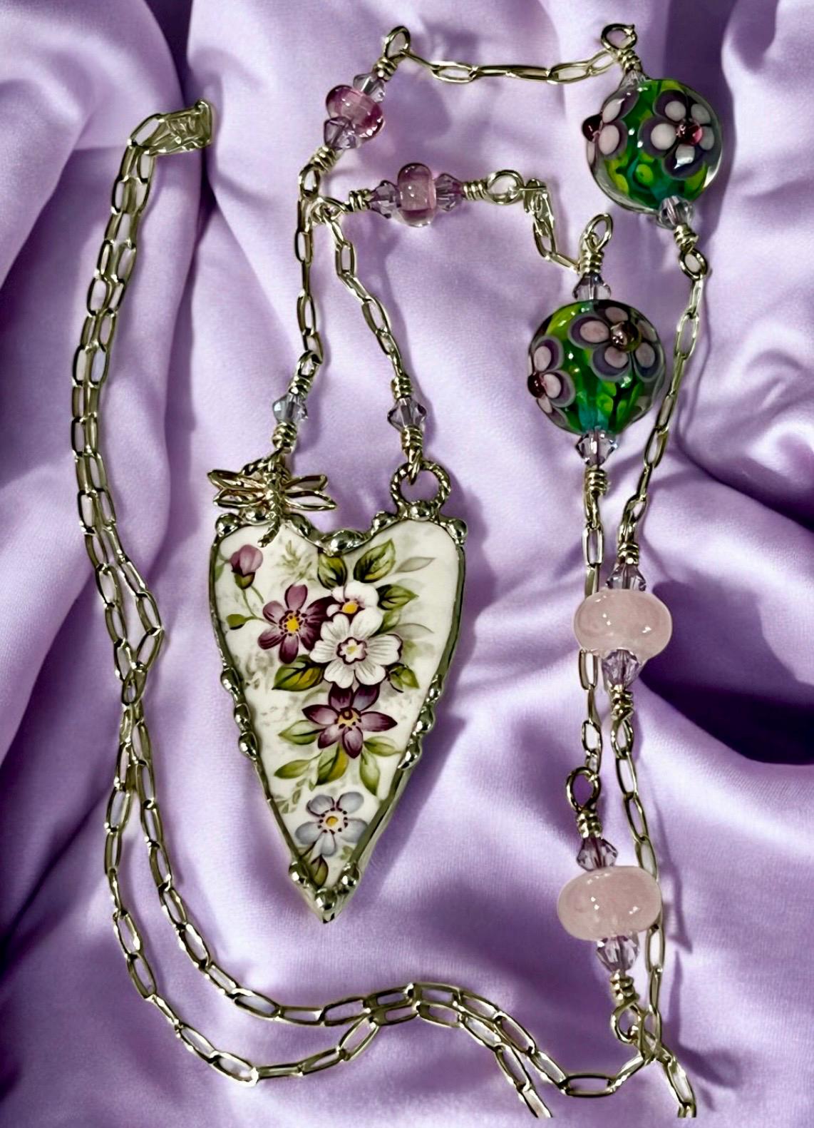 Necklace, Broken China Jewelry, Broken China Necklace, Heart Pendant, Purple Floral China, Long Sterling Silver Chain, Soldered Jewelry