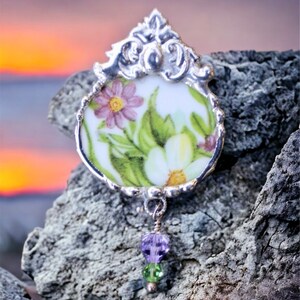 Broken China Jewelry, Brooch Pin, Purple and Green Floral Chintz image 5