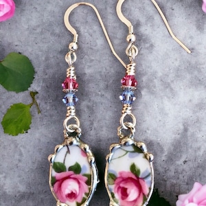 Broken China Jewelry, Broken China Earrings, Blue and Pink Rose, Oval Links, Sterling Silver Ear Wires,  Soldered Jewelry, Dangle Earrings
