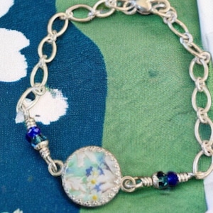 Bracciale cinese rotto, gioielli cinesi rotti, margherita cinese, argento sterling 925, braccialetto margherita, braccialetto a maglie, braccialetto cinese, blu e verde