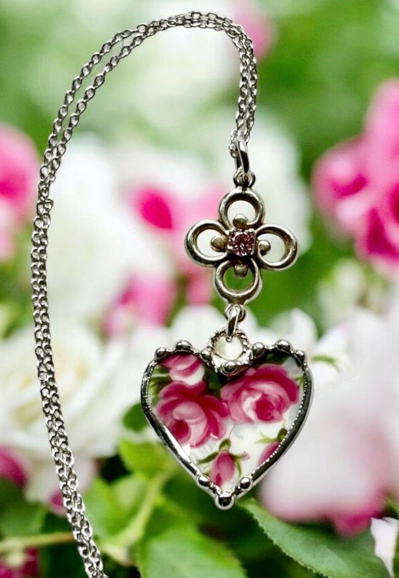 Necklace, Broken China Jewelry, Broken China Necklace, Heart Pendant, Pink Rose China, Silver Connector With Pink Crystal, Soldered Jewelry