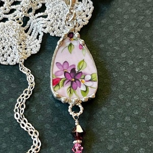Necklace, Broken China Jewelry, Broken China Necklace, Shield Pendant, Pink and Purple Chintz, Sterling Silver Findings, Soldered Jewelry