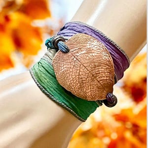 Wrap Bracelet, Yoga Bracelet, Copper Leaf, Ribbon Wrap Bracelet, Boho Wrap Bracelet, Fall Jewelry, Copper Bracelet, Copper Leaf Jewelry