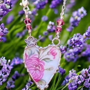 Necklace, Broken China Jewelry, Broken China Necklace, Pendant, Pink Peony China, Sterling Silver Chain, Soldered Jewelry, Butterfly