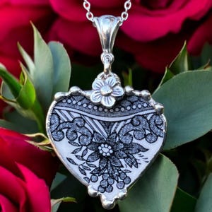 Necklace, Broken China Jewelry, Broken China Necklace, Heart Pendant, Black Transferware, Black China, Sterling Silver, Soldered Jewelry