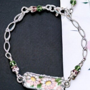 Broken China Bracelet, Broken China Jewelry, Peachy Pink Flowers, Sterling Silver Chain, Soldered Jewelry image 2