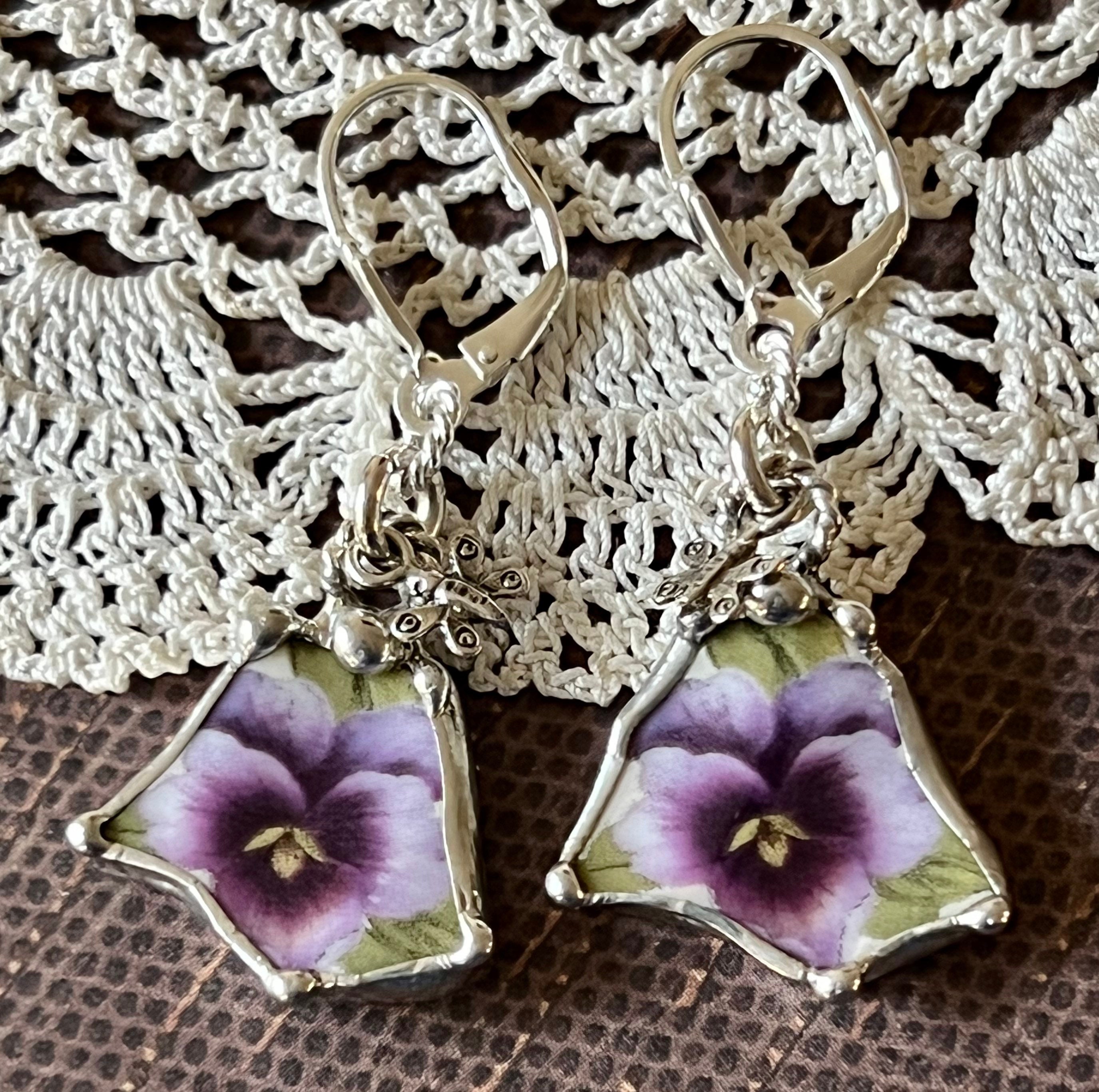 Earrings, Broken China Jewelry, Broken China Earrings, Purple Pansy ...