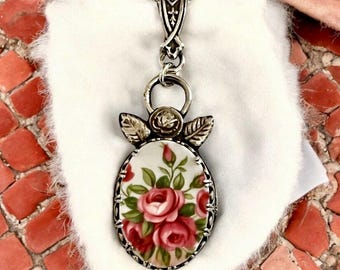 Necklace, Broken China Jewelry, Broken China Necklace, Teardrop Pendant, Pink Rose China, Sterling Silver Bezel, Recycled Silver Rose Charm