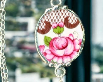 Necklace, Broken China Jewelry, Broken China Necklace, Oval Pendant, Pink Roses, Sterling Silver, Soldered Jewelry