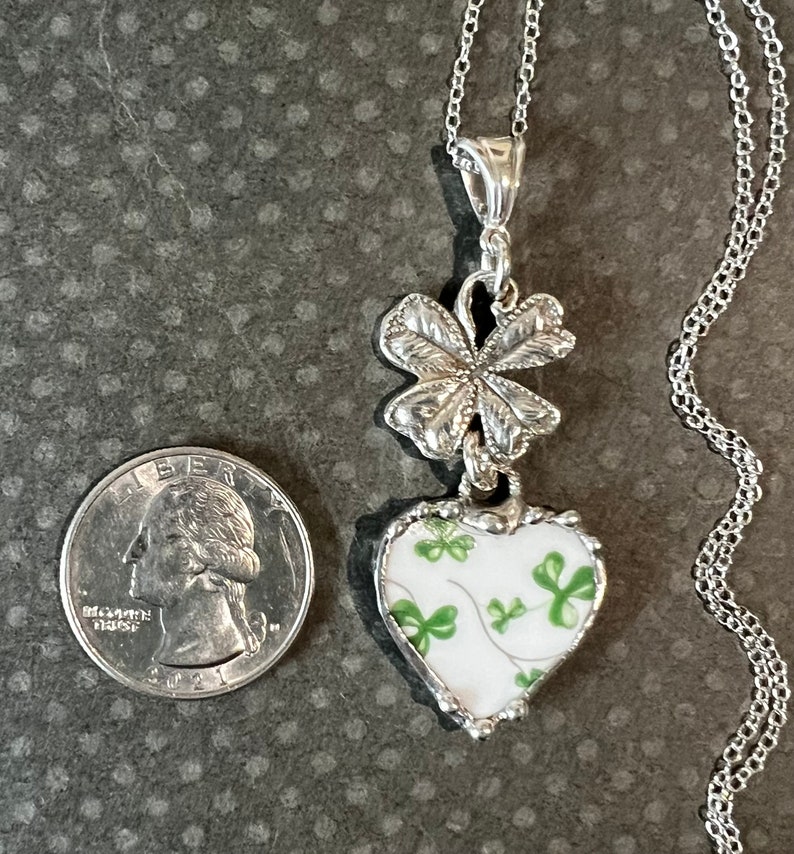 Pendant, Heart Pendant, Shamrock China, St Patricks Pendant, Four Leaf Clover, Sterling Silver, Soldered Jewelry, Heart Jewelry, Green image 8