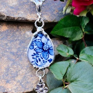 Necklace, Broken China Jewelry, Broken China Necklace, Teardrop Pendant,  Blue and White Transferware China, SS Findings, Soldered Jewelry