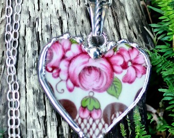 RAOING Flower Heart Pendant 【Texture】 Necklace, Broken China Jewelry, Broken China Necklace, Heart