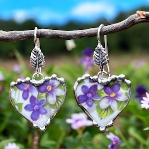 Earrings, Broken China Jewelry, Broken China Earrings, Heart Jewelry, Purple Violet China, Sterling Sliver Lever Backs, Soldered Jewelry