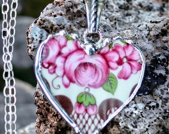 Necklace, Broken China Jewelry, Broken China Necklace, Heart Pendant, Pink Roses China, Sterling Silver Findings, Soldered Jewelry