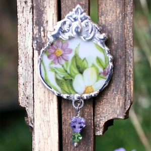 Broken China Jewelry, Brooch Pin, Purple and Green Floral Chintz image 1