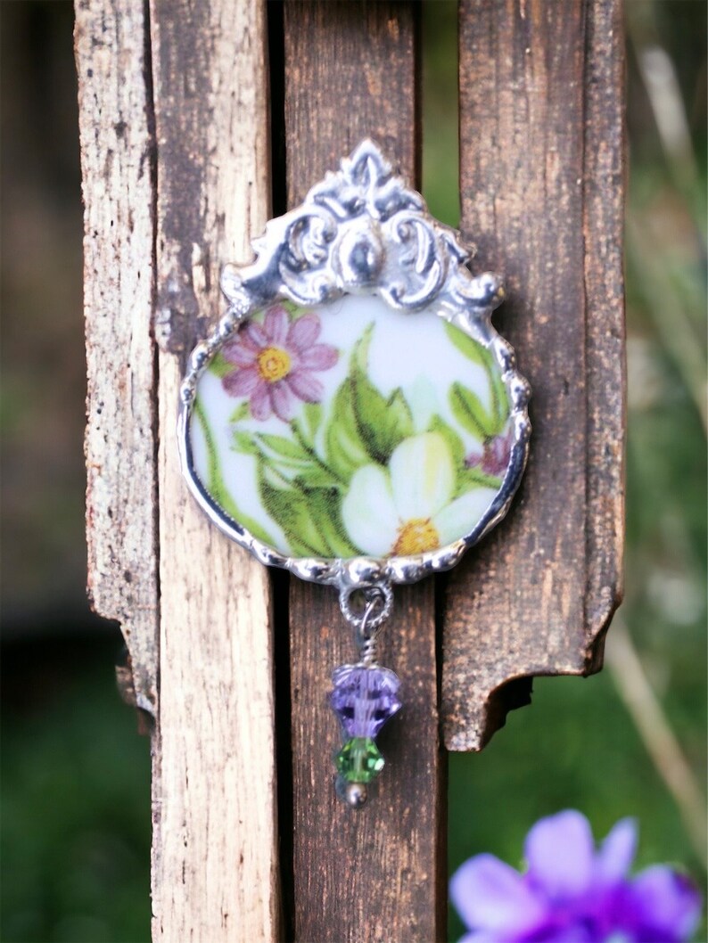 Broken China Jewelry, Brooch Pin, Purple and Green Floral Chintz image 1