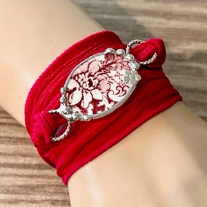 Broken China Bracelet, Broken China Jewelry, Red Transferware, Silk Ribbon Wrap Bracelet, Boho Wrap Bracelet, Yoga Bracelet Soldered Jewelry image 6