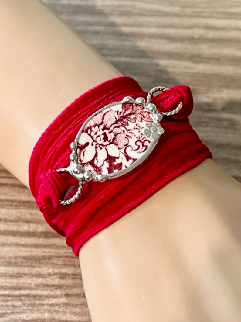 Broken China Bracelet, Broken China Jewelry, Red Transferware, Silk Ribbon Wrap Bracelet, Boho Wrap Bracelet, Yoga Bracelet Soldered Jewelry image 6