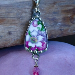 Necklace, Broken China Jewelry, Broken China Necklace, Shield Pendant, Pink  Floral Chintz, Sterling Silver Findings, Soldered Jewelry