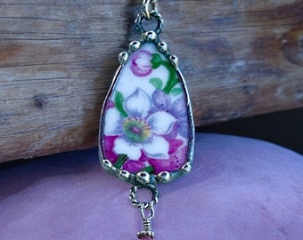 Necklace, Broken China Jewelry, Broken China Necklace, Shield Pendant, Pink  Floral Chintz, Sterling Silver Findings, Soldered Jewelry