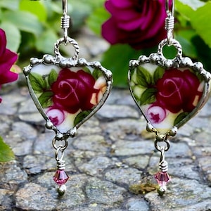 Broken China Jewelry, Broken China Earrings, Heart, Old Country Rose China, Dangle Earring, Soldered Jewelry, Sterling Ear Wires