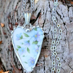 Necklace, Broken China Jewelry, Broken China Necklace, Heart Pendant, Blue and Lavender Floral China, Sterling Silver Chain image 7