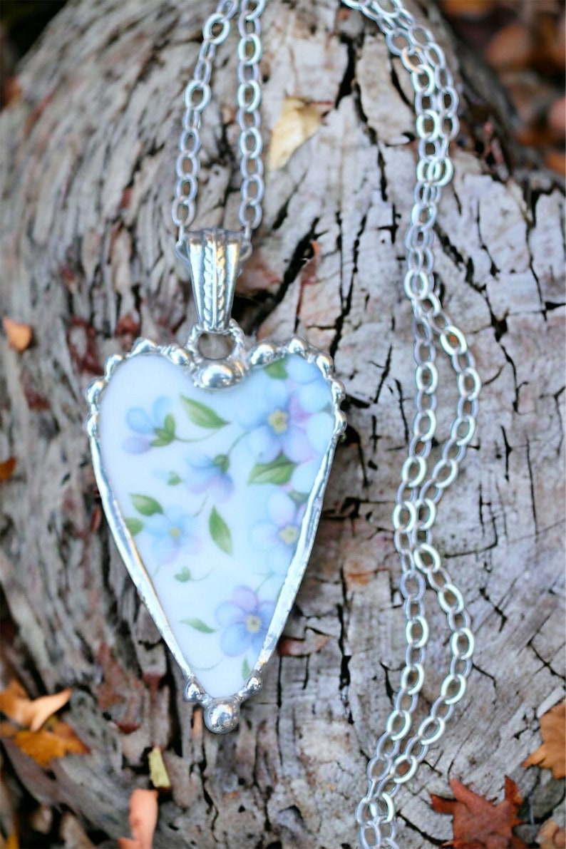 Necklace, Broken China Jewelry, Broken China Necklace, Heart Pendant, Blue and Lavender Floral China, Sterling Silver Chain image 7