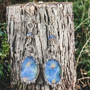 Earrings, Broken China Jewelry, Broken China Earrings, Blue Floral Chintz, Dangle Earrings, Sterling Silver Ear Wires, Soldered Jewelry