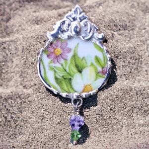 Broken China Jewelry, Brooch Pin, Purple and Green Floral Chintz image 8