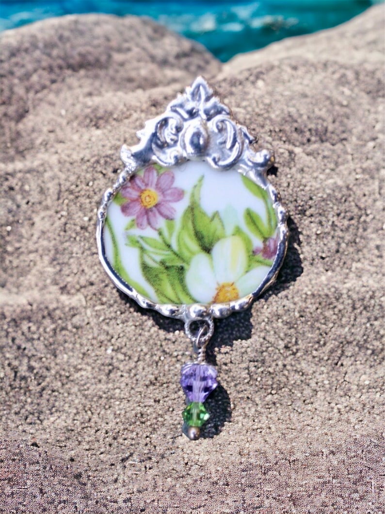Broken China Jewelry, Brooch Pin, Purple and Green Floral Chintz image 8